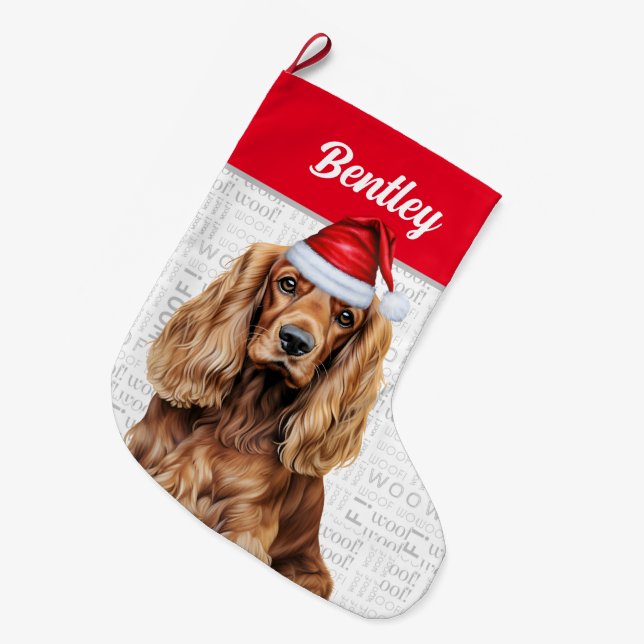 Jul Cocker Spaniel med hundens namn Stor Julstrumpa (Framsidan (Hängande))