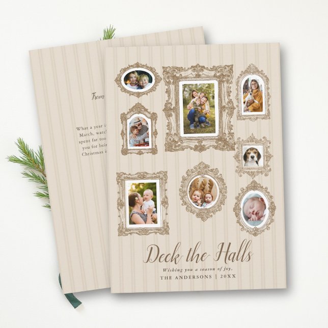 Jul collage Vintage Sketch Neutral jul Julkort (Photo Collage Sketched Frames Earthy Christmas Whimsical Photo Gallery Deck the Halls Neutral Stripe)