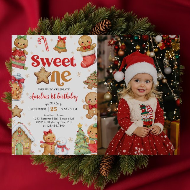 Jul Cookie Söt Ettårs Födelsedagsfoto Inbjudningar (Skapare uppladdad)