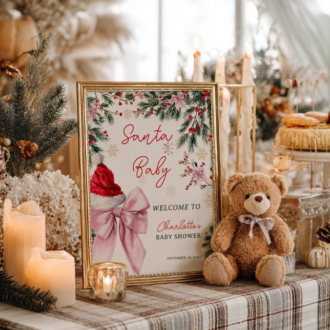 Jul Coquette Bow Santa Baby Shower Välkomstskylt Poster (Christmas Coquette Bow Santa Baby Shower Welcome Poster)