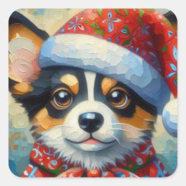 Jul Corgi Hund Puppy w/Santa Hat Fyrkantigt Klistermärke