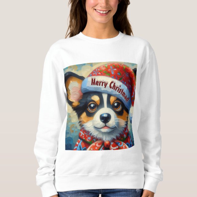 Jul Corgi Hund Puppy w/Santa Hat T Shirt (Framsida)