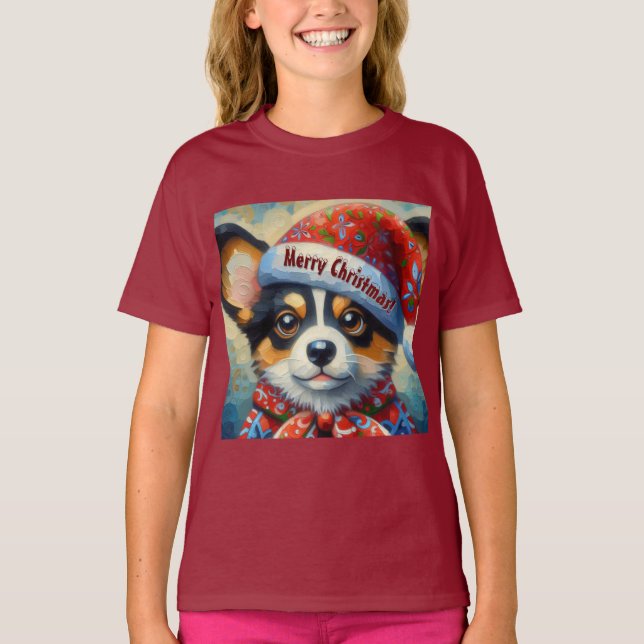 Jul Corgi Hund Puppy w/Santa Hat T Shirt (Framsida)