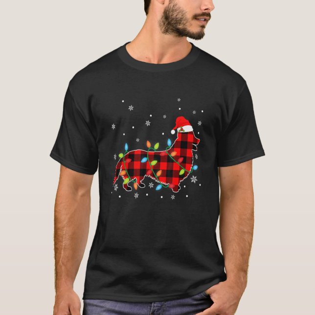 Jul Corgi Hund Röd Plaid Julbelysning T Shirt (Framsida)