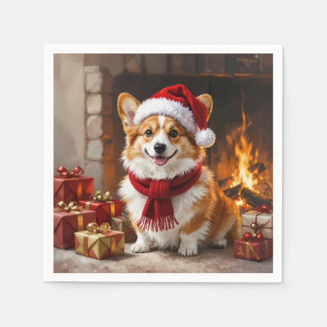 Jul Corgi Hund vid Öppen Spis Pappersservett (Framsidan)