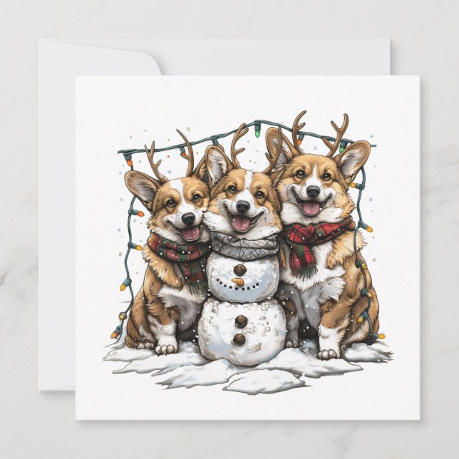 Jul Corgi Hundar Snögubbe Julkort (Framsida)