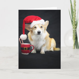 Jul-Corgi i Kasket med Kopp och Sockerrör Kort