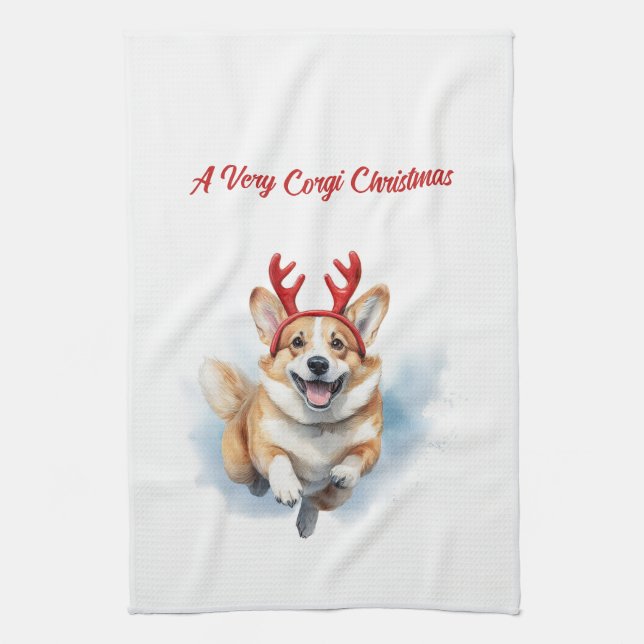 Jul Corgi med Rener-antaller som ger sig av Kökshandduk (Vertikal)