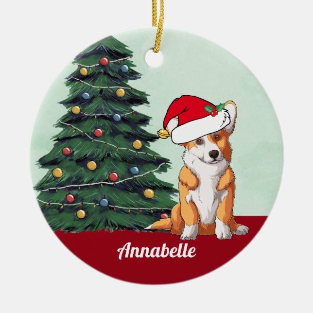 Jul Corgi med Svan Santa Hat-Personligen Julgransprydnad Keramik (Framsidan)