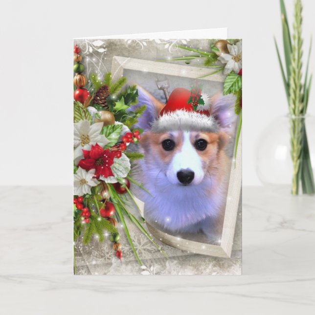 Jul Corgi Puppy med vit Ram Helgkort (Framsida)