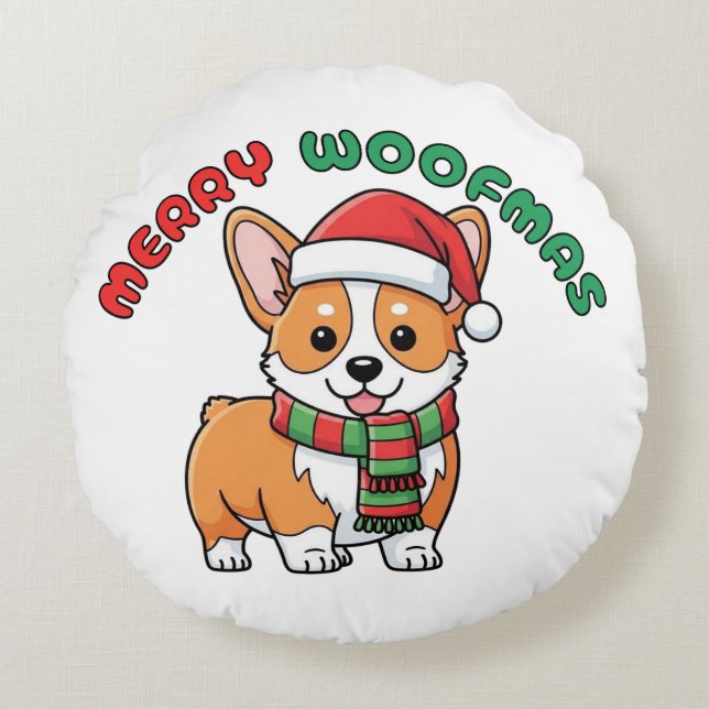 Jul Corgi Round Pillow: Merry Woofmas Rund Kudde (Framsidan)