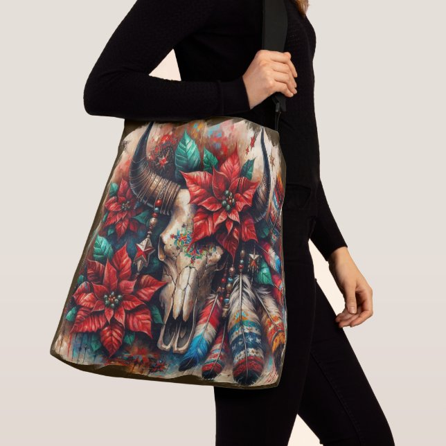 Jul Cow Bull Skull Poinsettias Feathers Axelväska (Närbild)
