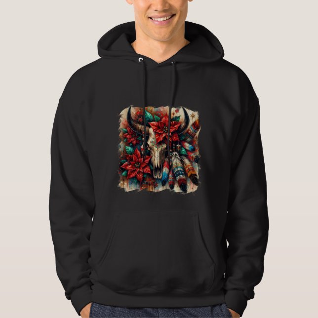 Jul Cow Bull Skull Poinsettias Feathers Hoodie (Framsida)