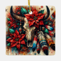 Jul Cow Bull Skull Poinsettias Feathers