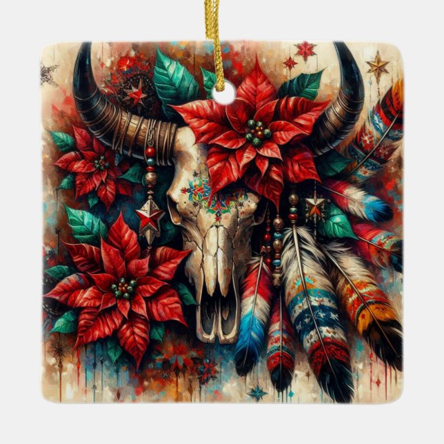 Jul Cow Bull Skull Poinsettias Feathers Julgransprydnad Keramik (Framsida)