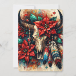 Jul Cow Bull Skull Poinsettias Feathers Julkort