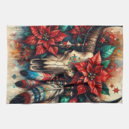 Jul Cow Bull Skull Poinsettias Feathers Kökshandduk