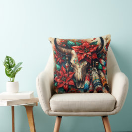 Jul Cow Bull Skull Poinsettias Feathers Kudde