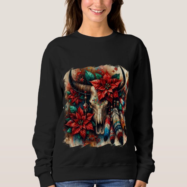 Jul Cow Bull Skull Poinsettias Feathers T Shirt (Framsida)