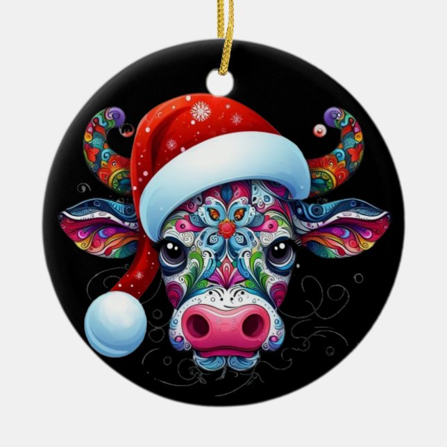 Jul Cow Bull w/Santa Hat Mexican People Art Art Julgransprydnad Keramik (Framsidan)