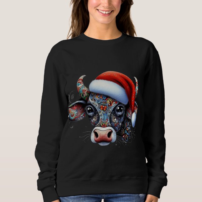 Jul Cow Bull w/Santa Hat Mexican People Art Art T Shirt (Framsida)