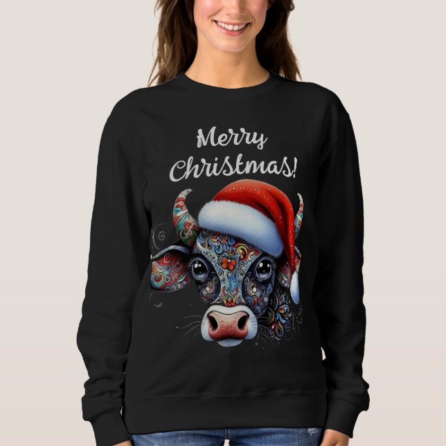 Jul Cow Bull w/Santa Hat Mexican People Art Art T Shirt (Framsida)
