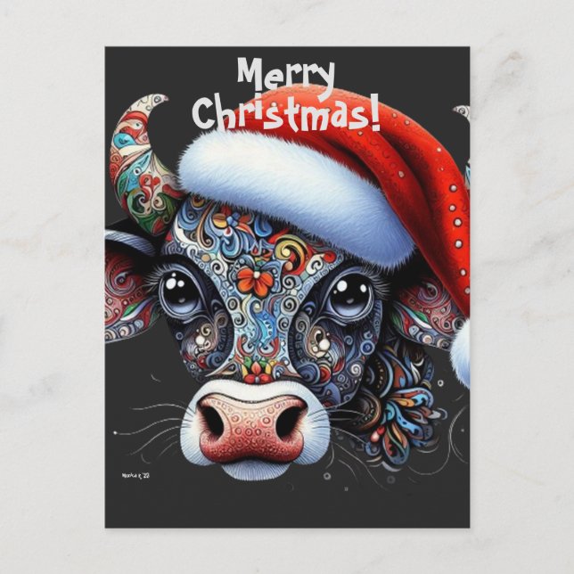 Jul Cow Bull w/Santa Hat Mexican People Art Art Vykort (Framsida)