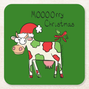 Jul Cow Funny Tecknad Kids Underlägg Papper Kvadrat