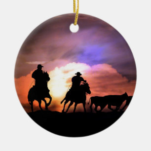 Jul Cowboyrund upp/ boskapsbil Julgransprydnad Keramik