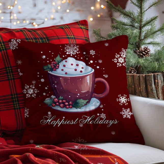 Jul Cup Hot Chocolate | Röd Kudde (Red Christmas Cup of Hot Chocolate Throw Pillow)