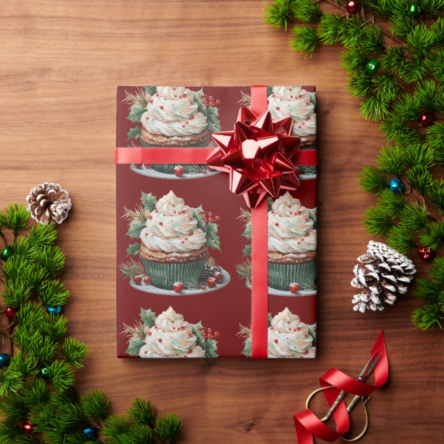 Jul Cupcake Vit Frosting Järnek Röda Bär Presentpapper (Julgåva)