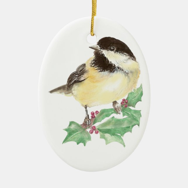 Jul Cute Chickadee, Bird, Holly Wildlife Julgransprydnad Keramik (Framsidan)