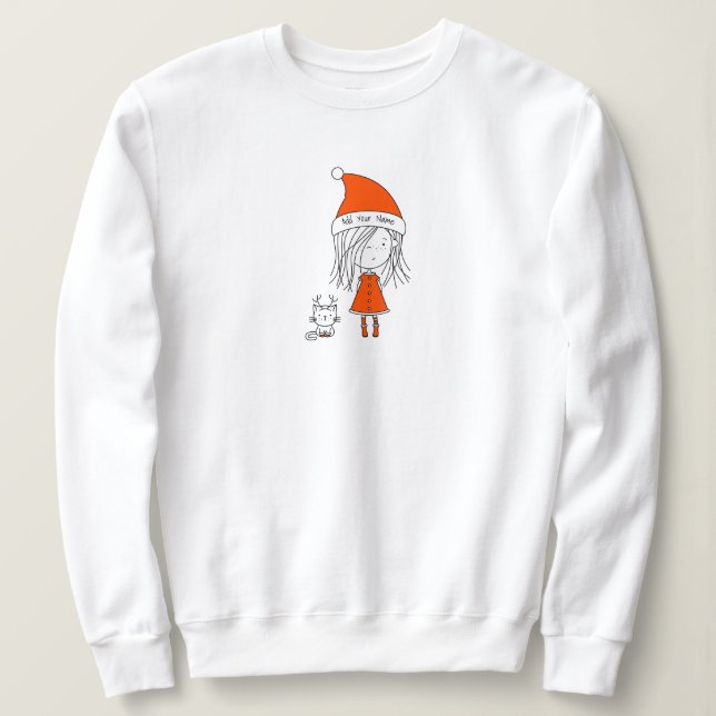 Jul Cute Funny Santa Girl Cat Tecknad Namn T Shirt (Design framsida)