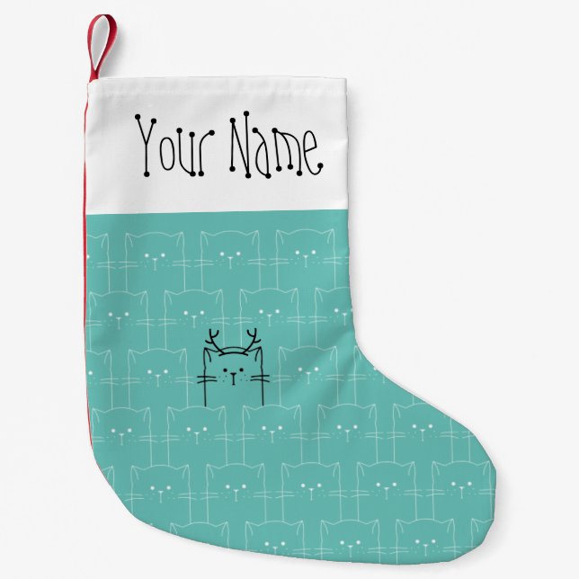 Jul Cute Girly Teal Funny Cat Antlers Liten Julstrumpa (Framsidan)