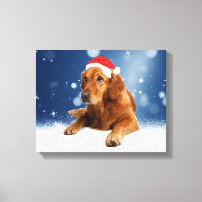 Jul Cute Golden Retriever Hund Santa Hat Snö Canvastryck (Framsida)