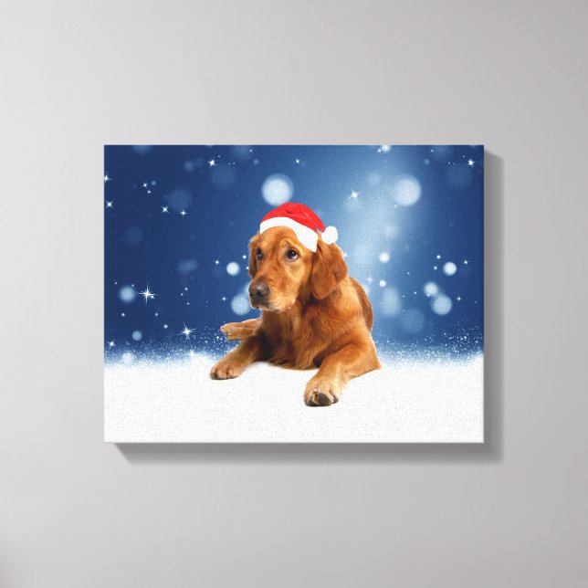 Jul Cute Golden Retriever Hund Santa Hat Snö Canvastryck (Framsida)