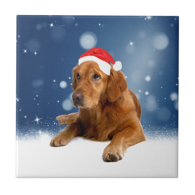 Jul Cute Golden Retriever Hund Santa Hat Snö Kakelplatta (Framsidan)