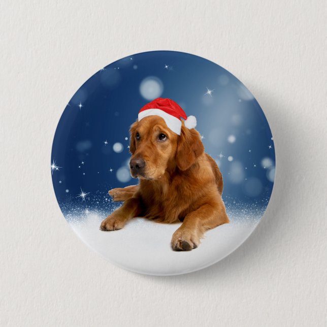 Jul Cute Golden Retriever Hund Santa Hat Snö Knapp (Framsida)