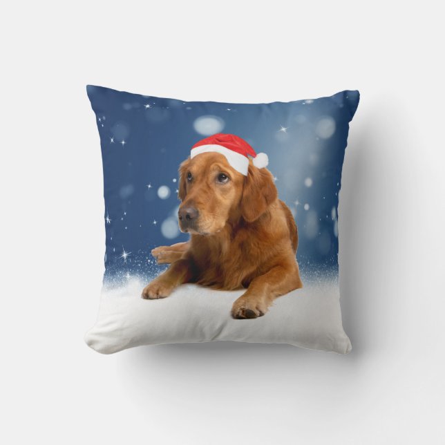 Jul Cute Golden Retriever Hund Santa Hat Snö Kudde (Framsida)