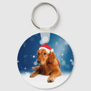 Jul Cute Golden Retriever Hund Santa Hat Snö Nyckelring