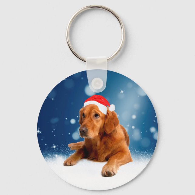 Jul Cute Golden Retriever Hund Santa Hat Snö Nyckelring (Framsida)