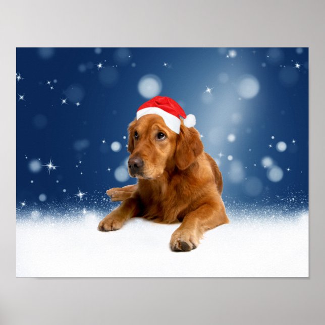 Jul Cute Golden Retriever Hund Santa Hat Snö Poster (Framsidan)