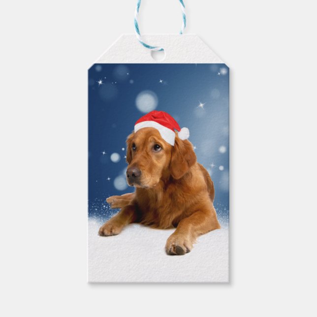 Jul Cute Golden Retriever Hund Santa Hat Snö Presentetikett (Framsidan)