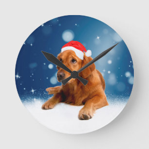 Jul Cute Golden Retriever Hund Santa Hat Snö Rund Klocka