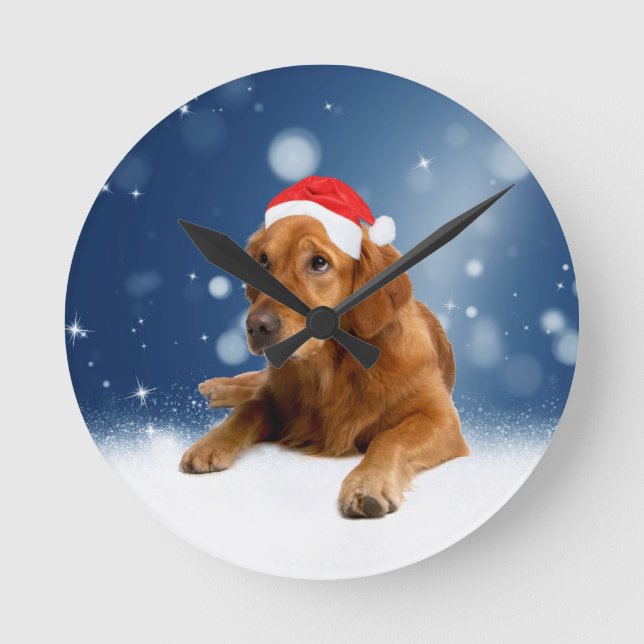 Jul Cute Golden Retriever Hund Santa Hat Snö Rund Klocka (Framsida)