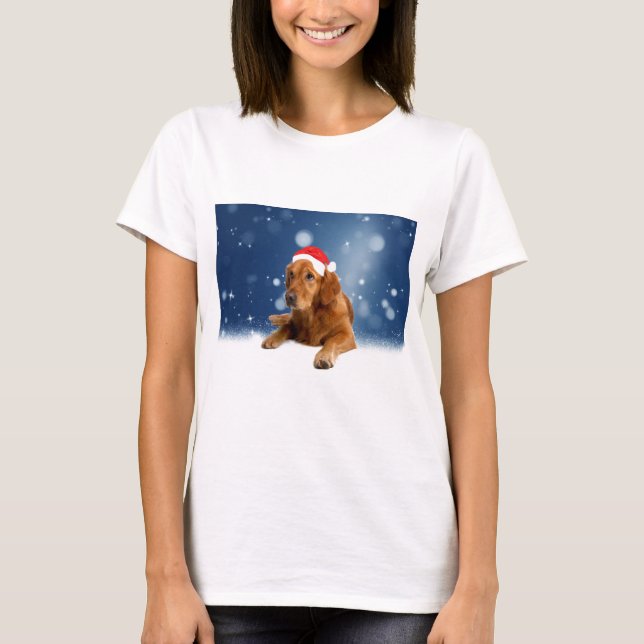 Jul Cute Golden Retriever Hund Santa Hat Snö Tee (Framsida)