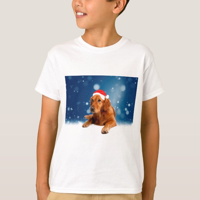 Jul Cute Golden Retriever Hund Santa Hat Snö Tee Shirt (Framsida)