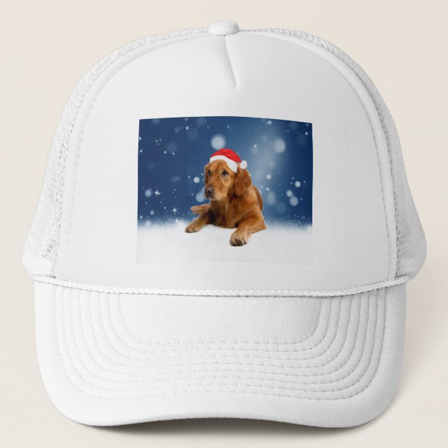 Jul Cute Golden Retriever Hund Santa Hat Snö Truckerkeps (Framsida)