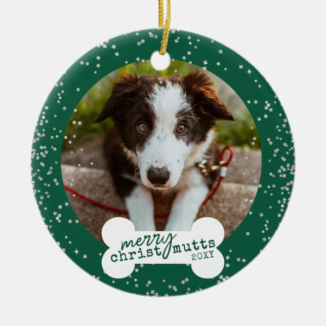 Jul Cute Grönt Sparkly Pet Hund Photo Julgransprydnad Keramik (Framsidan)