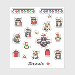 Jul Cute Raccoons 8-bitars pixelikonuppsättning Klistermärken